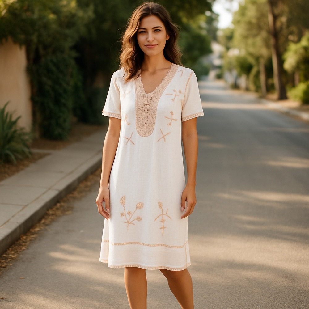 Embroidered White Short Sleeve V-Neck Midi Dress Size Large